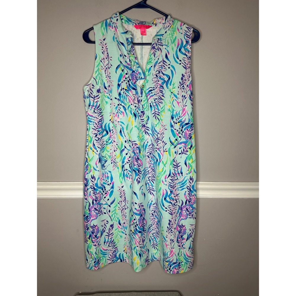 Lilly Pulitzer Dress Sherynn Shift Sz medium Seahorses V neck Resort Wear Travel